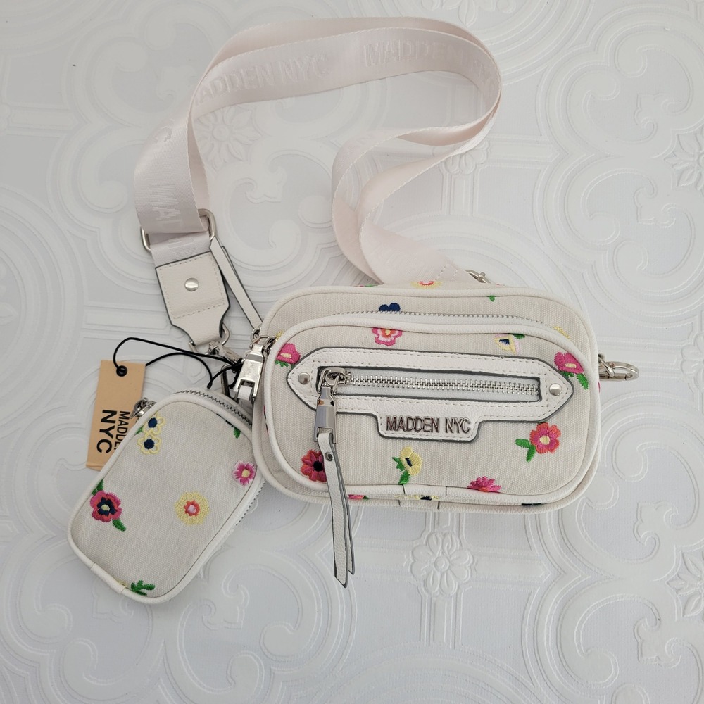 Madden NYC Camera Bag Floral Embroidered White Crossbody‎ Pouch Set Cottage NEW